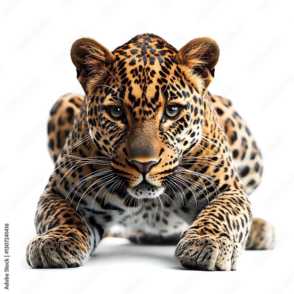 Obraz premium Stealthy Leopard Crouching Isolated on White Background