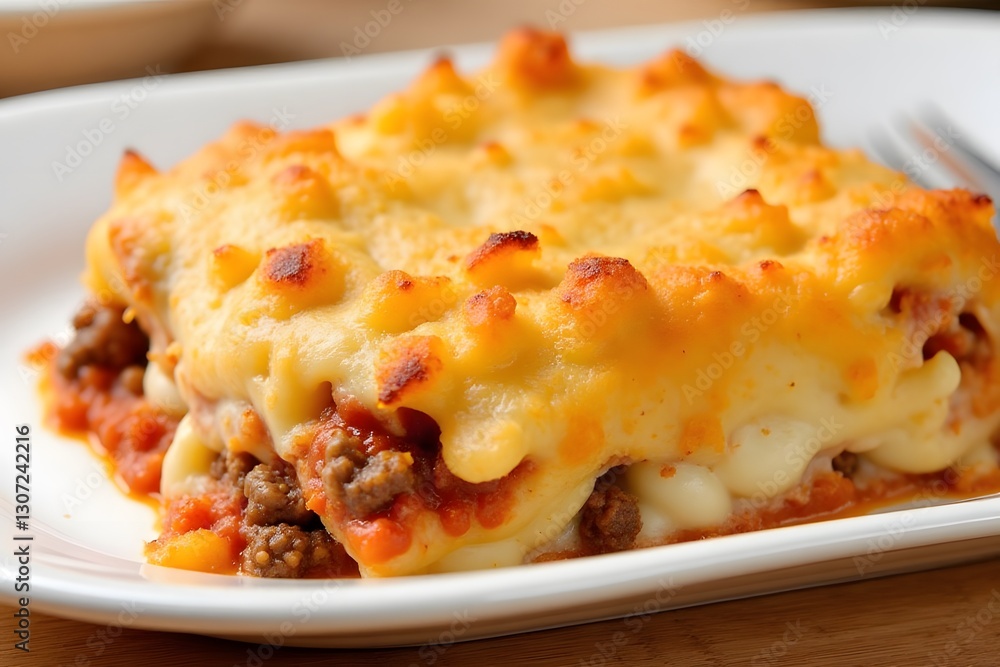 Close-up of homemade lasagna slice with cheese and meat sauce on a white plate, Pastitsio Close-up of homemade lasagna slice with cheese and meat sauce on a white plate, Pastitsio
