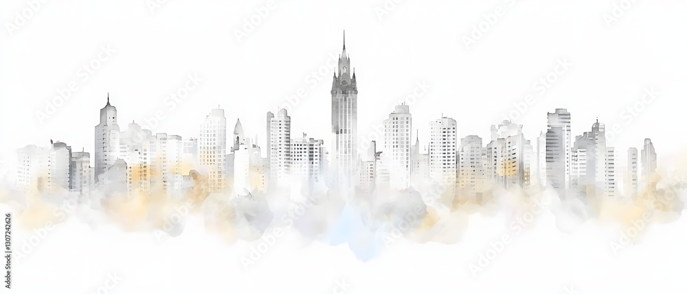 Naklejka premium Minimalist Black and White Watercolor Cityscape Showcasing a City s Historic and Modern Buildings with Elegant Brushstrokes Creating a Stylish Digital Design