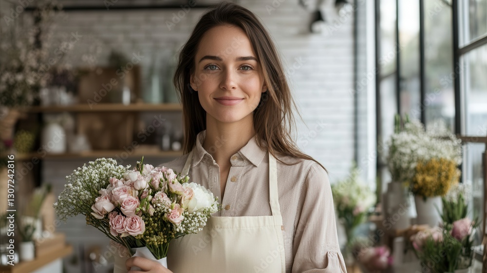 Fototapeta premium Young caucasian female florist smiling with bouquet in flower shop.