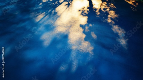 sun, low-angle, blue solid background, bright, golden sun near the horizon, casting long rays and deep shadows.
