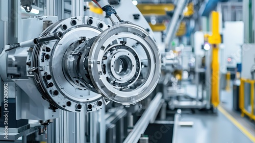 A close-up of a precision-engineered machine part in a modern manufacturing facility, showcasing intricate design and metallic components.