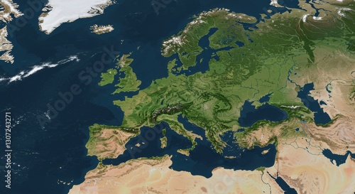 Detailed satellite view of Europe showcasing diverse landscapes and geographical features