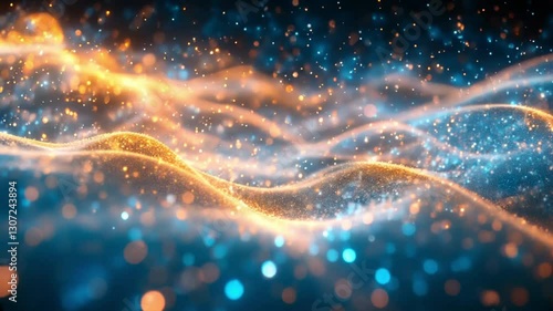 A vibrant and dynamic scene featuring a wave of light with a mix of blue and orange hues. The light is accompanied by a multitude of sparkling particles, creating a mesmerizing and ethereal atmosphere