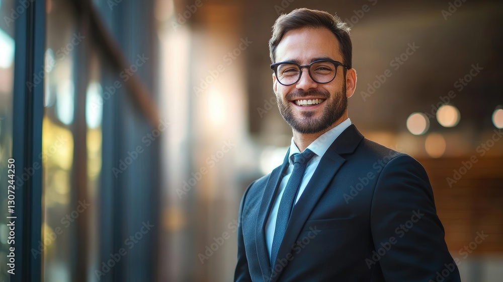 Fototapeta premium Smiling businessman wearing glasses in professional attire posing indoors