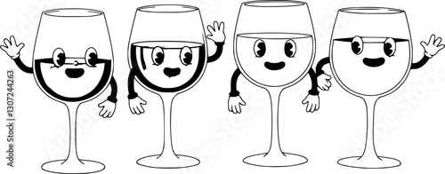 Cartoon retro groovy red and white glass characters. Two playful wine glasses cheer, smiling and waving with lively expressions, giving a cheerful and funky vibe for a lighthearted party celebration
