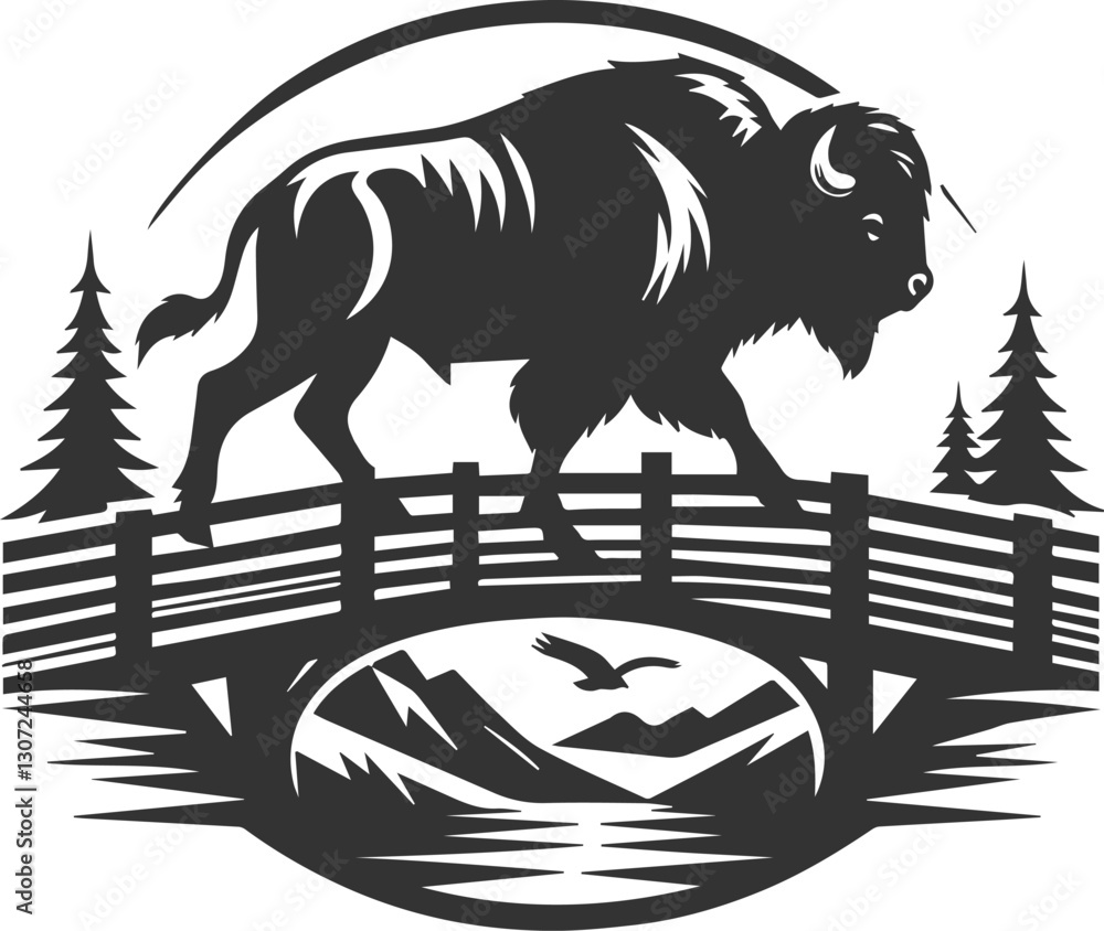Obraz premium Buffalo walking across a wooden bridge animal vector silhouette