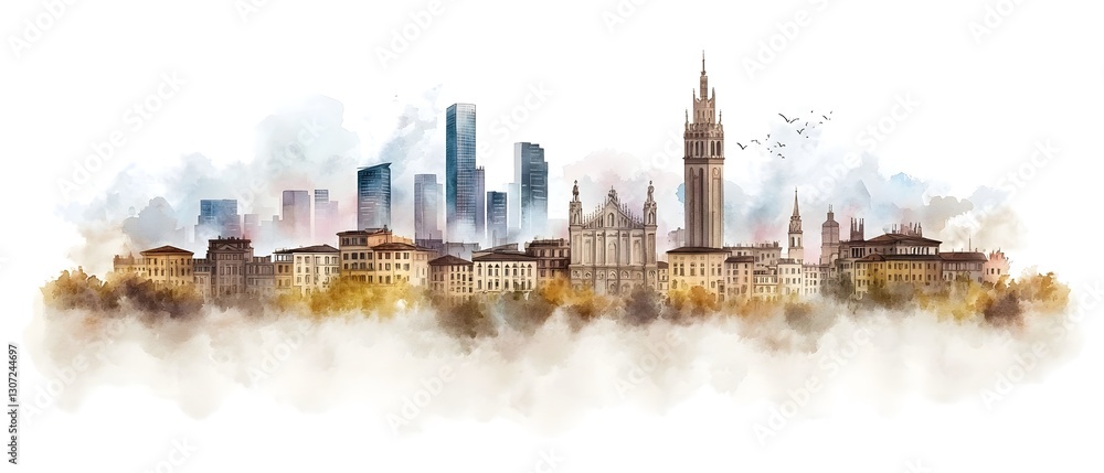 Obraz premium Expressive Watercolor Painting of Milan s Iconic Cityscape with Historic Landmarks and Modern Skyscrapers