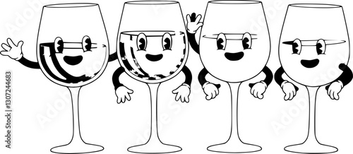 Cartoon retro groovy red and white glass characters. Two playful wine glasses cheer, smiling and waving with lively expressions, giving a cheerful and funky vibe for a lighthearted party celebration