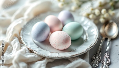 Pastel Easter Eggs on Plate with Spoons and Floral Accents
