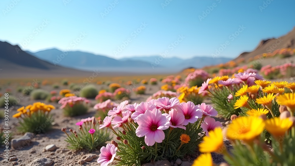 Obraz premium Desert landscape featuring wildflowers, pink and yellow blooms, mountains, and a serene blue sky.