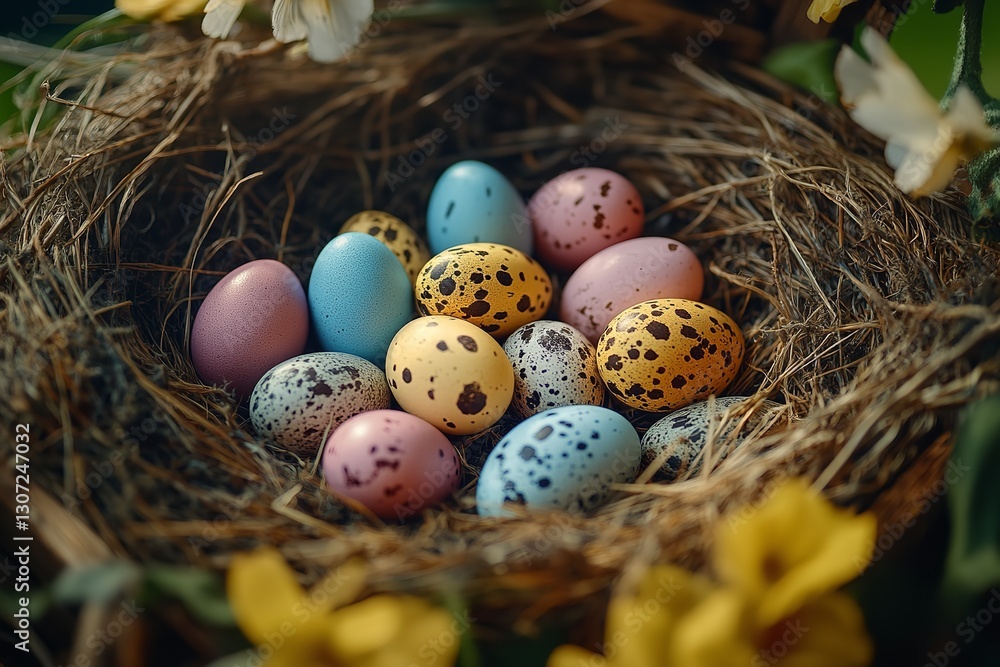 Obraz premium Easter eggs in a nesting box with quail eggs that are beautiful and decorative. The idea of celebrating Easter. Generative Ai