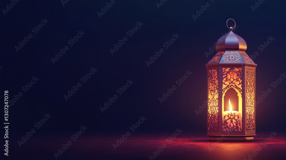 An ornate golden lantern illuminated by a burning candle on the floor An ornate golden lantern illuminated by a burning candle on the floor