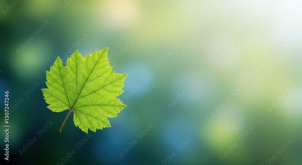 Vibrant green leaf floating in soft focus nature background with bokeh effect Vibrant green leaf floating in soft focus nature background with bokeh effect
