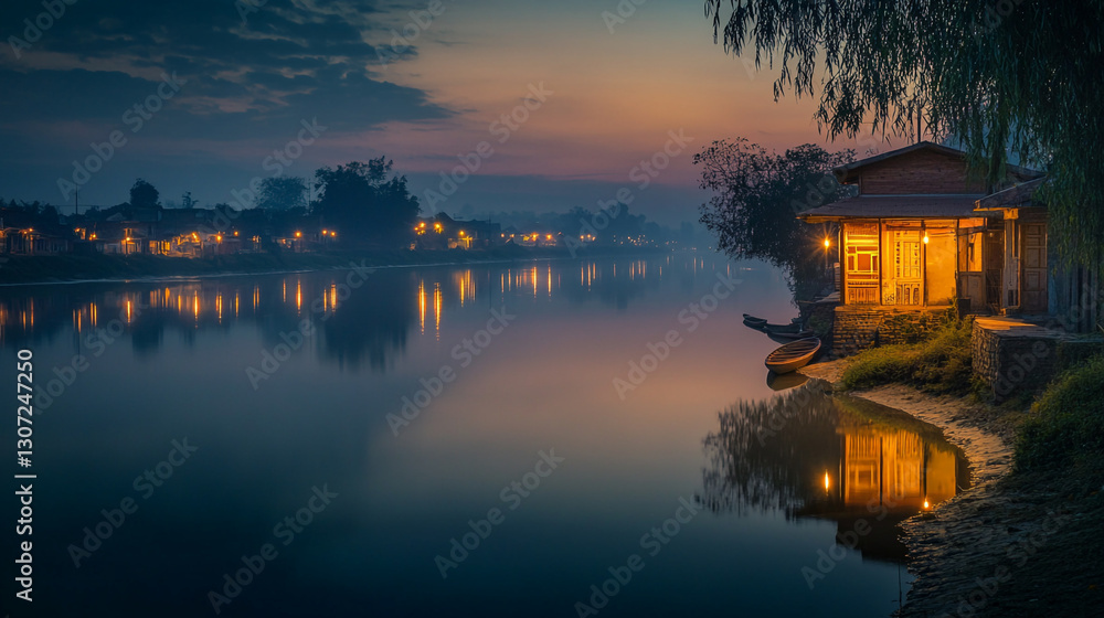 Obraz premium Serene lakeside house at dusk golden hour peaceful river landscape sky calm home dark water trees