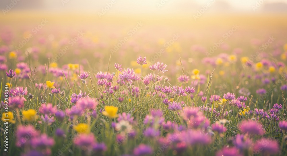 Vibrant wildflower field at sunrise, showcasing colorful blooms and soft light Vibrant wildflower field at sunrise, showcasing colorful blooms and soft light