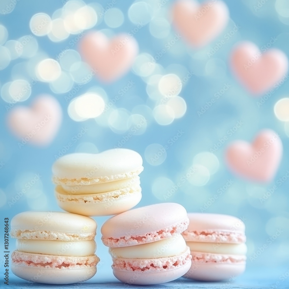 Colorful Macarons with Hearts and Blurred Background in Pastel Tones Colorful Macarons with Hearts and Blurred Background in Pastel Tones