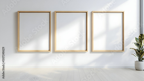 Three empty picture frames hang on the wall of an elegant living room

