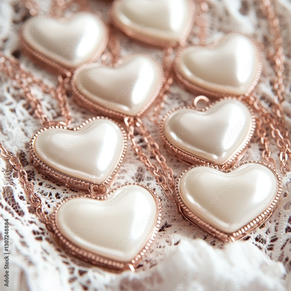 Obraz premium Elegant Heart-Shaped Pendants on Lace Background for Jewelry Display