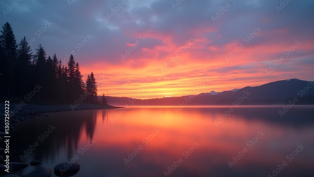Fototapeta premium Dramatic Sunset Reflecting on Calm Lake with Mountains and Silhouette of Trees in Background