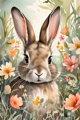 Wallpaper Mural watercolor of  bunny with flower Torontodigital.ca