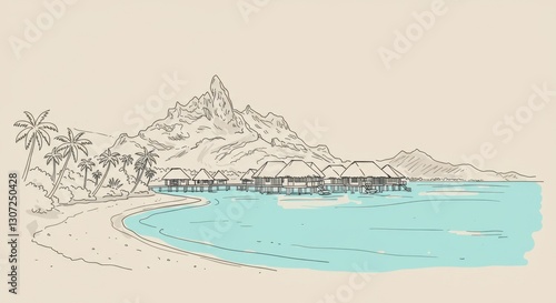 Bora Bora Line Art Sketch with Overwater Bungalows