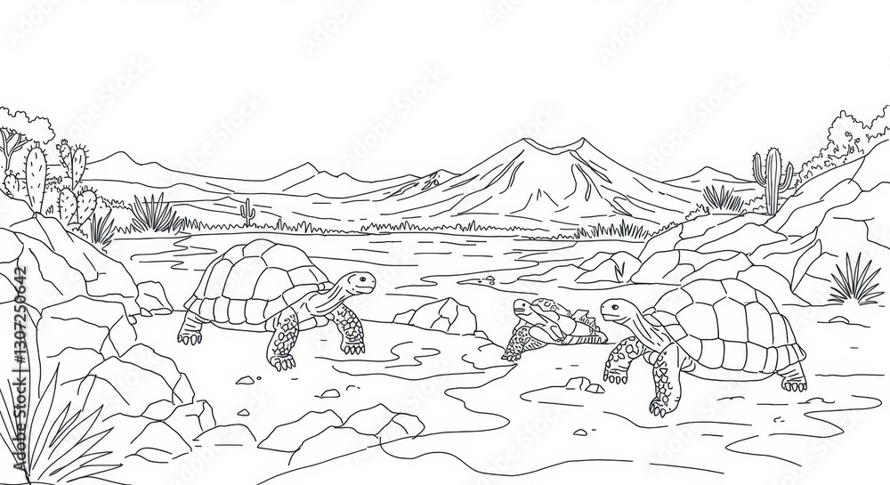 Galapagos Islands Sketch with Tortoises and Volcanoes Galapagos Islands Sketch with Tortoises and Volcanoes