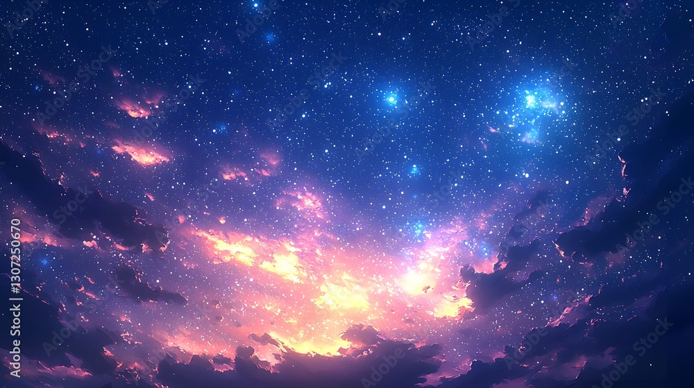 Fototapeta premium A beautiful starry sky with vibrant colored clouds at twilight