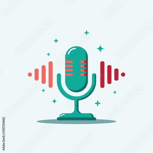 A modern flat design of a microphone with sound waves, symbolizing podcasting, voice recording, and audio production.