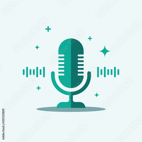 A modern flat-design microphone icon with sound waves and sparkles, representing podcasting, voice recording, or audio broadcasting.