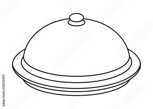 Hand drawn cute outline illustration metal cloche and plate. Flat vector tray with cover line art doodle. Service or maintain icon. New message. Surprise or secret. Delivery service sticker. Isolated.