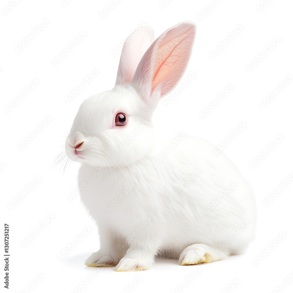 Cute White Rabbit with Pink Ears Isolated on White Background