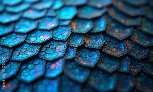 Iridescent hexagonal scales on a metallic blue dragon skin, fantasy lighting, powerful.