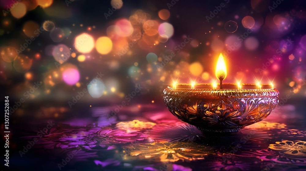 Elegant and Diwali Composition featuring Shimmering Floral Motifs Surrounding Glowing 3D Diyas Capturing the Warmth and Beauty of the Vibrant Spiritual Festival Elegant and Diwali Composition featuring Shimmering Floral Motifs Surrounding Glowing 3D Diyas Capturing the Warmth and Beauty of the Vibrant Spiritual Festival