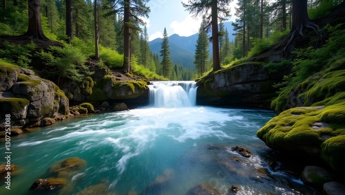 Scenic Waterfall in Lush Forest with Mossy Rocks and Clear Turquoise Water. Mountain and Nature Landscape