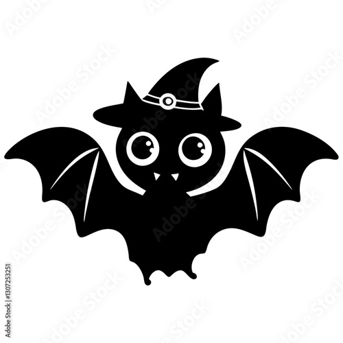 Adorable Halloween Bat with Witch Hat - Black Silhouette Vector