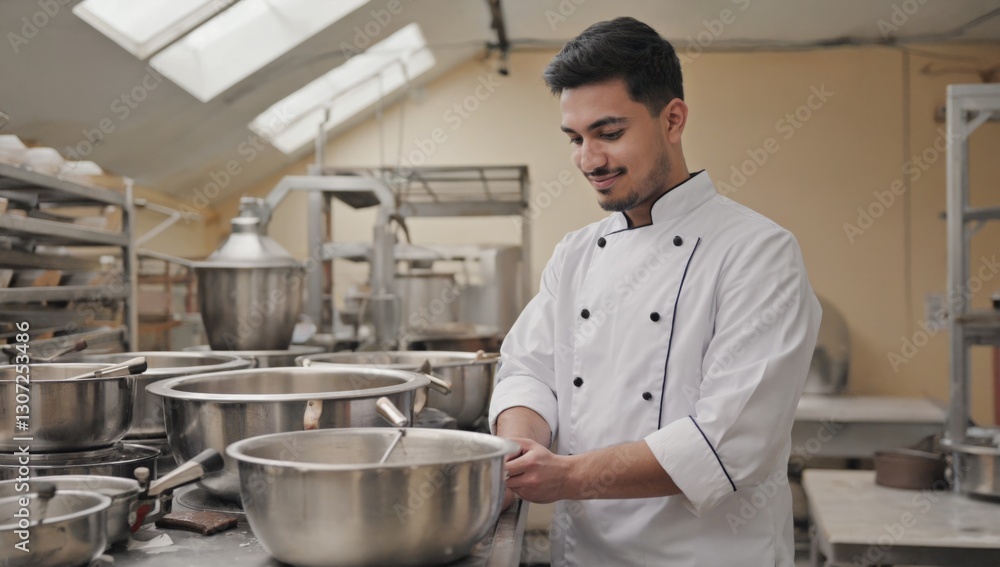 A chef smiles while preparing ingredients in a busy kitchen filled with stainless steel equipment and bowls, showcasing his passion for cooking early in the day A chef smiles while preparing ingredients in a busy kitchen filled with stainless steel equipment and bowls, showcasing his passion for cooking early in the day