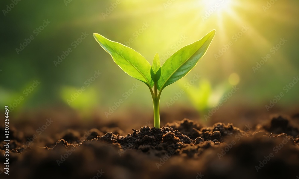 Close-up of a vibrant green shoot growing from rich brown earth, sunbeams filtering through mist. Close-up of a vibrant green shoot growing from rich brown earth, sunbeams filtering through mist.