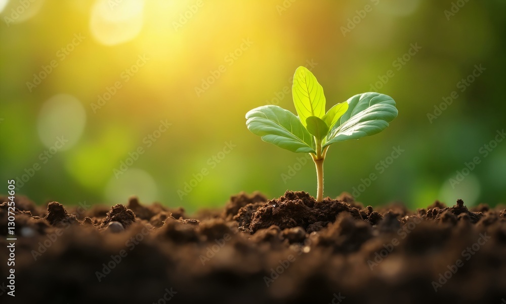 Lush green seedling sprouting, warm sun casting a dreamy glow, soil rich with organic textures. Lush green seedling sprouting, warm sun casting a dreamy glow, soil rich with organic textures.