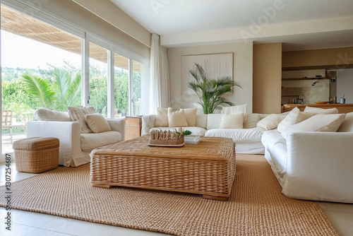 Interior of light living room with sofas, rattan table and soft carpet  photo