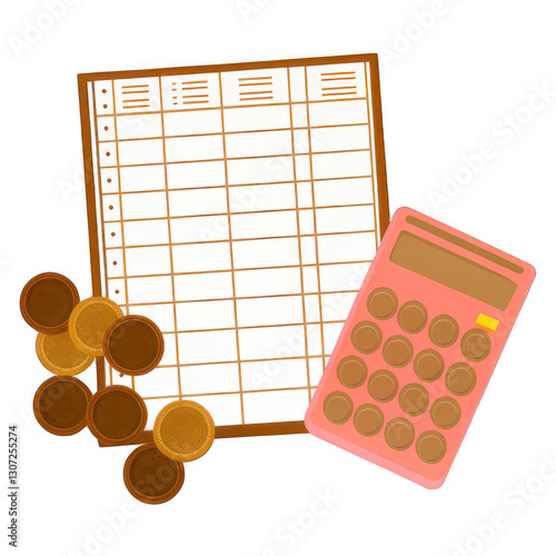 Wedding Planner concept Calculator, coins, and a ledger sheet on a dark background.