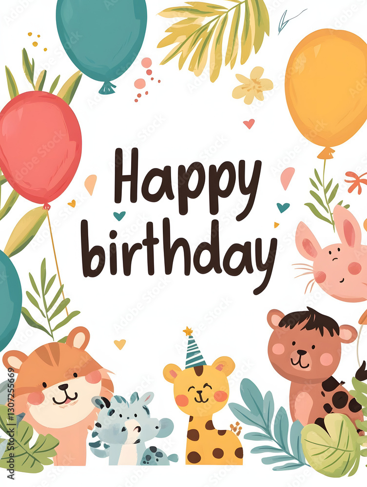 Obraz premium Happy birthday background card with wild Animals, for child and kids Birthday greeting card illustration