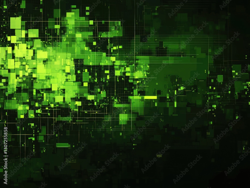 Abstract digital art composition featuring a green pixelated pattern and dark background with illuminated glowing effect Abstract digital art composition featuring a green pixelated pattern and dark background with illuminated glowing effect
