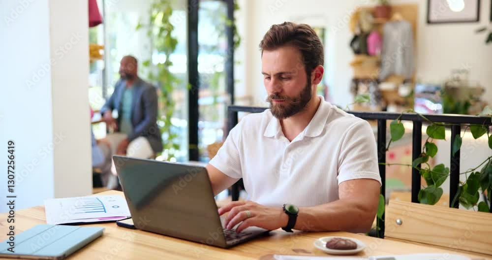 Business, man and typing on laptop in cafe for email communication, online report and planning. Entrepreneur, customer and technology in coffee shop for remote work, startup proposal and web research Business, man and typing on laptop in cafe for email communication, online report and planning. Entrepreneur, customer and technology in coffee shop for remote work, startup proposal and web research