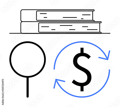 Stacked books, magnifying glass, and dollar sign with arrows signify knowledge, learning, research, investment, education, financial growth and data analysis. Ideal for education finance themes