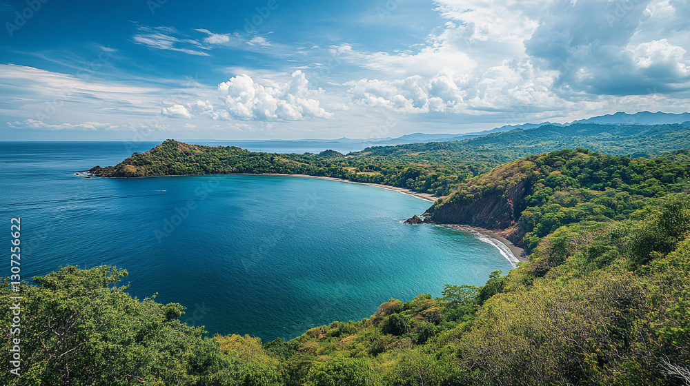 Stunning tropical bay landscape with lush green hills and blue ocean sea sky sun view calm beach Stunning tropical bay landscape with lush green hills and blue ocean sea sky sun view calm beach