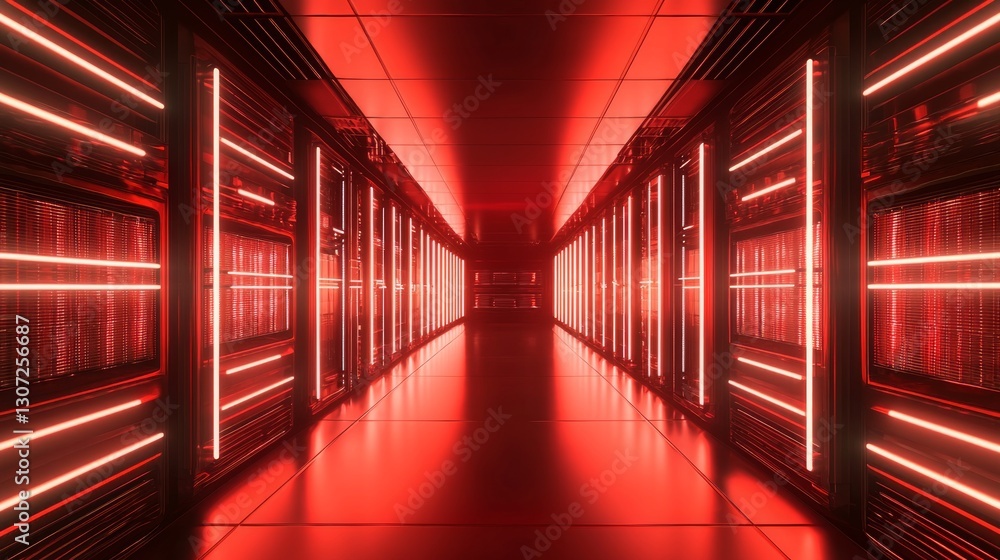 Futuristic neon red corridor with illuminated signs and empty copy space for creative design