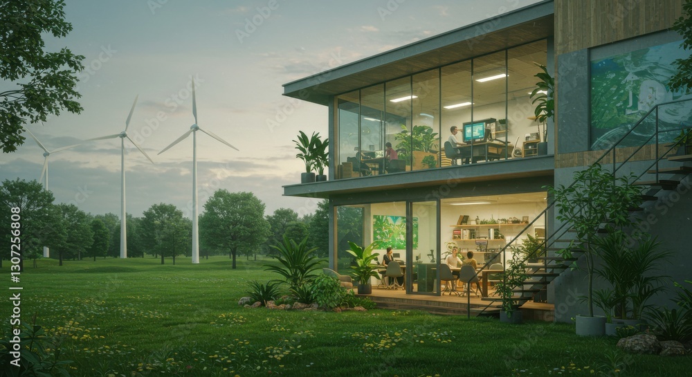 Obraz premium Modern eco-friendly office building with wind turbines in the background at dusk