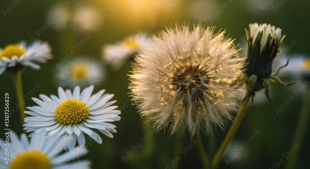Close-up of daisies and a dandelion in a sunlit meadow during springtime Close-up of daisies and a dandelion in a sunlit meadow during springtime