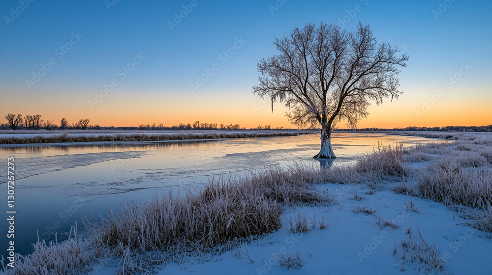Serene winter landscape with frozen river and solitary tree sky ice cold calm blue snow view frost Serene winter landscape with frozen river and solitary tree sky ice cold calm blue snow view frost